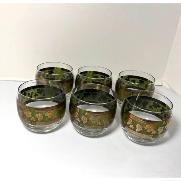 Vintage Cera Glass 1960”s  Golden Grapes Green Roly Poly 22K  Gold Leaf Barware - Picture 4 of 8